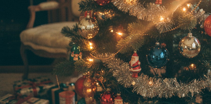a hyper-realistic vintage christmas tree with warm lights and film grain and lens flare 